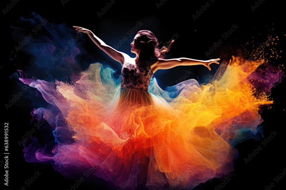 Beautiful ballerina dancing in colorful smoke on black background.. Generated AI