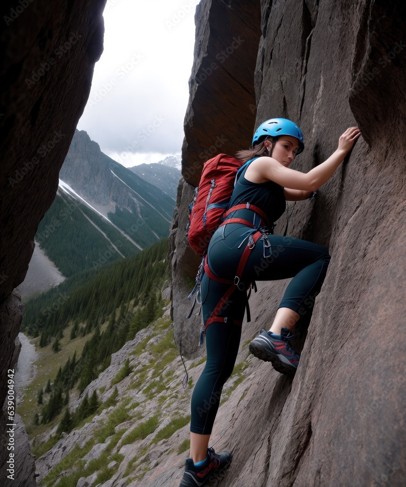 Beautiful sporty girl in safety harness with equipment started to climb the rock wall outdoor, looki