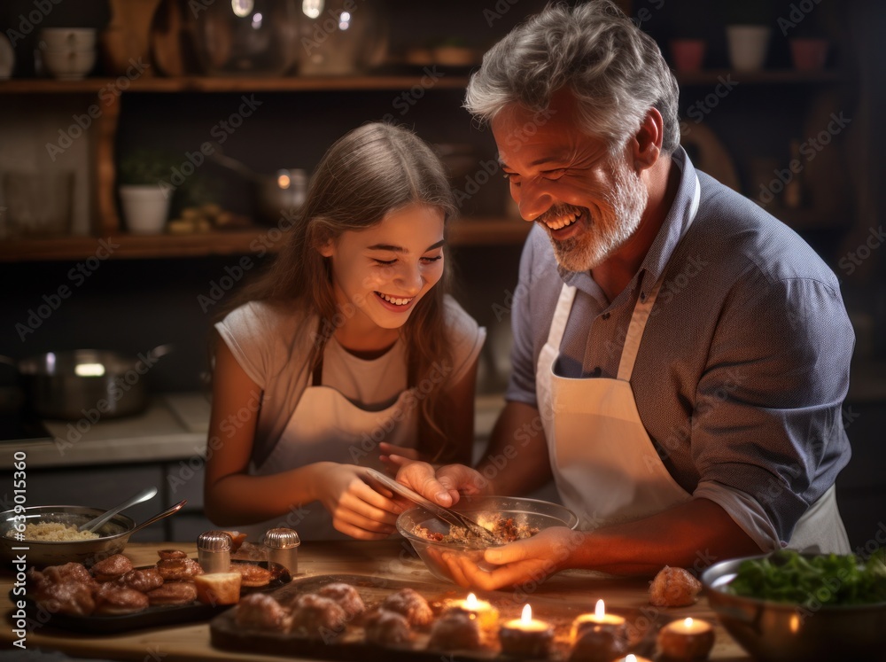 Older man and his daughter teaching each other cooking at the kitchen