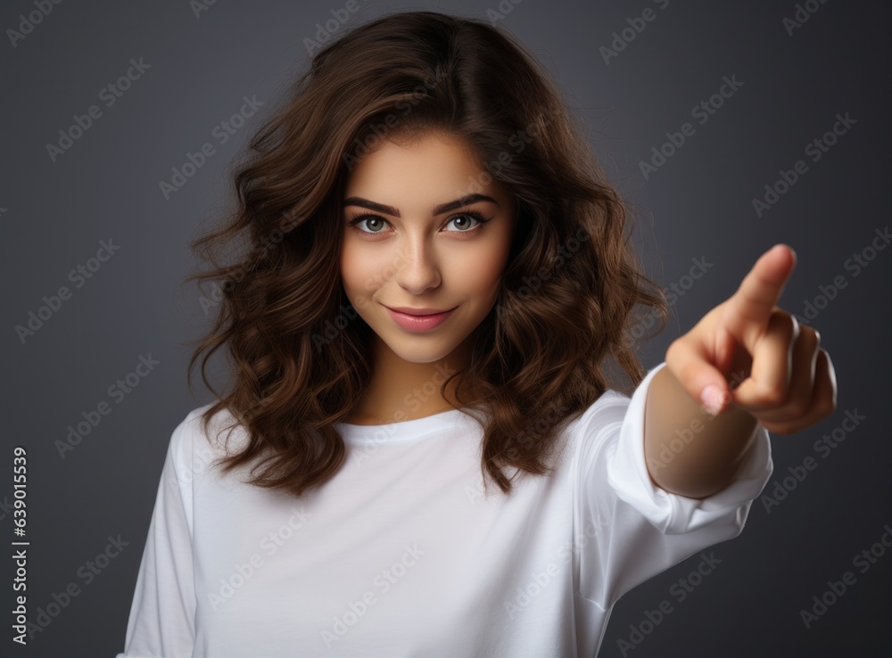 Young girl looking at camera while pointing her finger