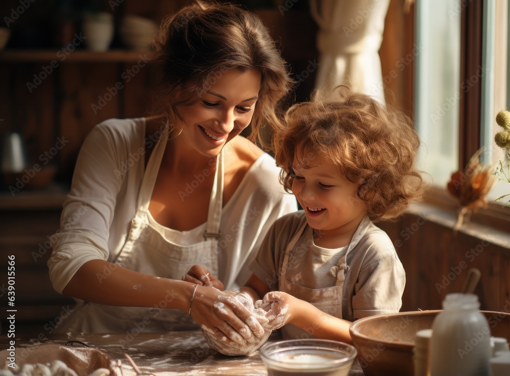 Mother cooking with her daughter at kitchen in a sunny day