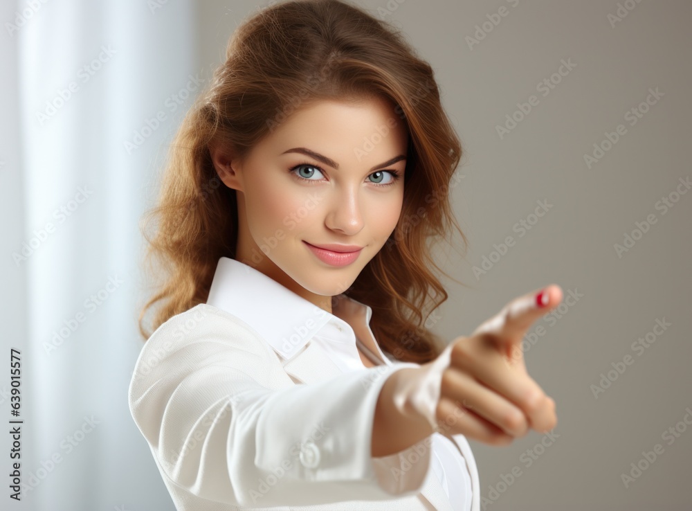 Young girl looking at camera while pointing her finger