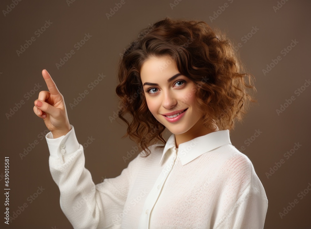 Young girl looking at camera while pointing her finger