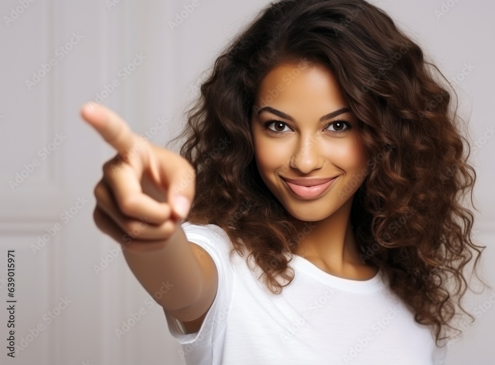 Young girl looking at camera while pointing her finger