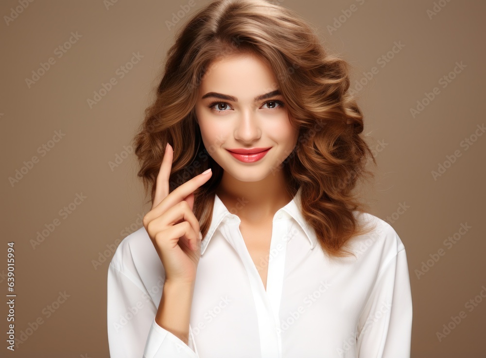 Young girl looking at camera while pointing her finger