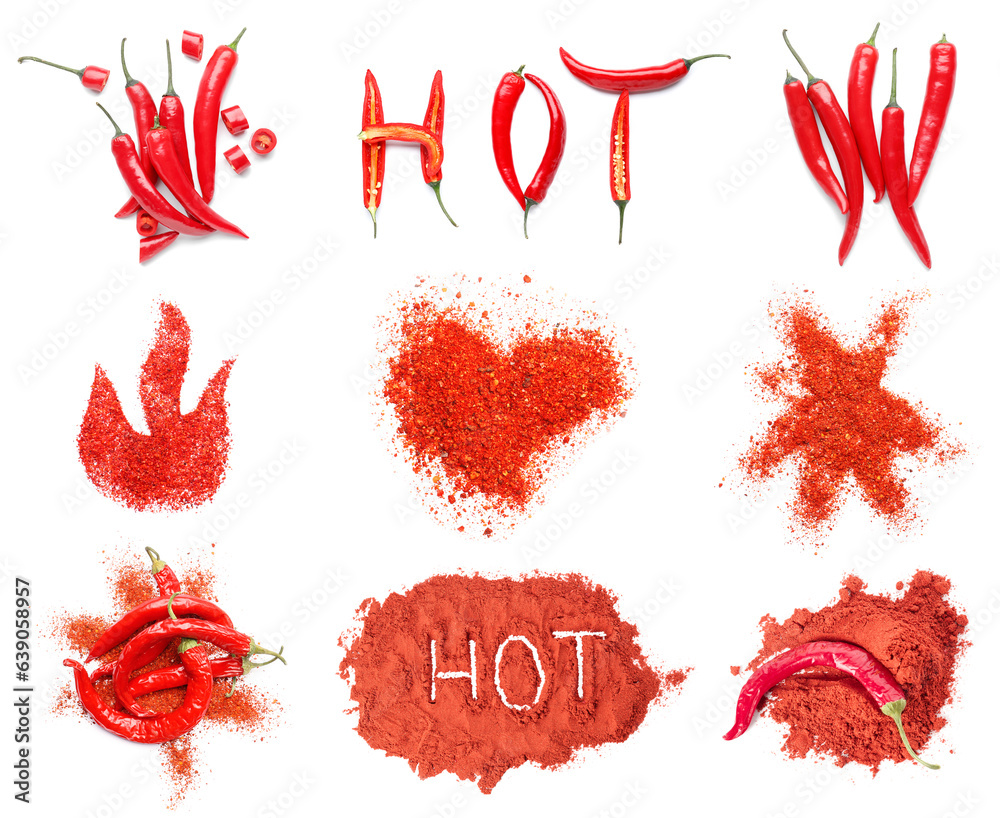 Set of red chili pepper and powder on white background