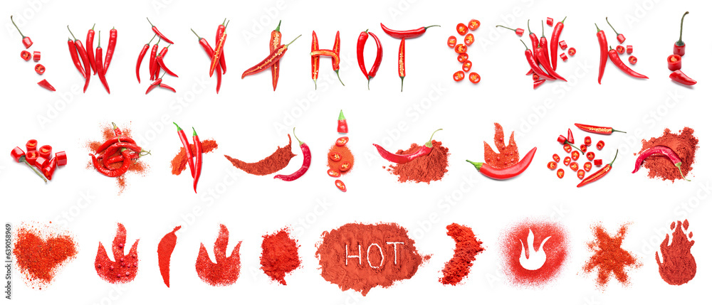 Set of red chili peppers and powder on white background