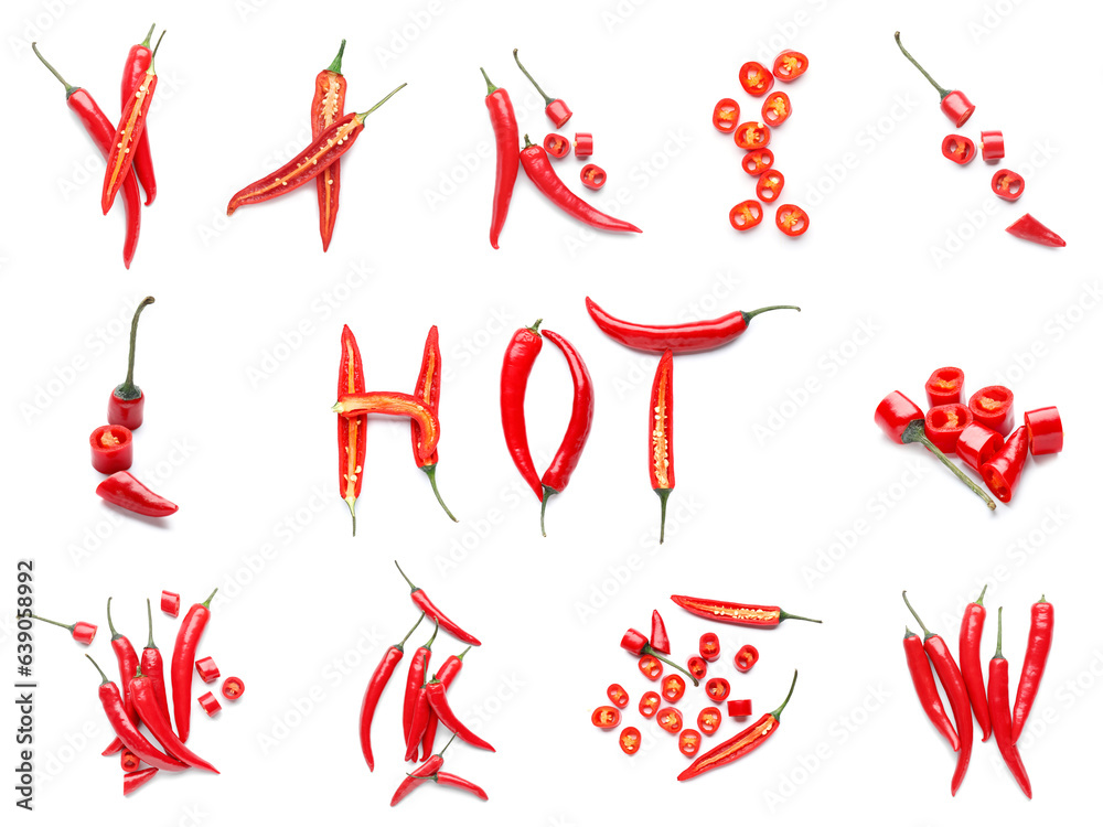 Set of red chili pepper on white background