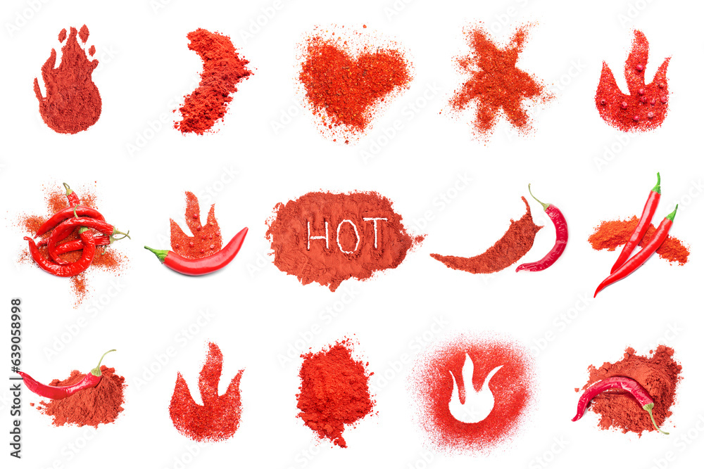 Set of red chili pepper and powder on white background