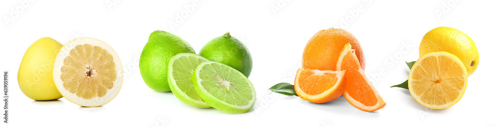 Set of different ripe citrus fruits isolated on white