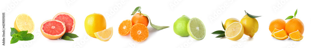 Set of different tasty citrus fruits isolated on white