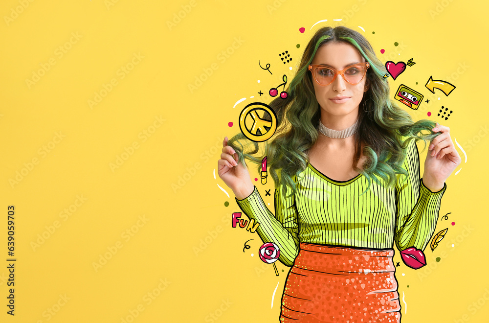 Beautiful young woman with unusual green hair on yellow background