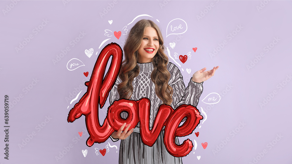 Beautiful young woman with balloon in shape of word LOVE on lilac background. Valentines Day celebr