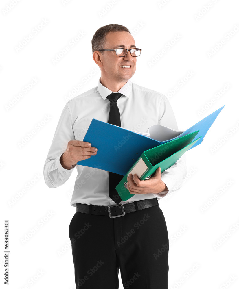 Mature businessman with folders on white background