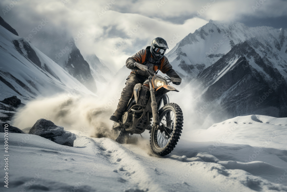 Male biker on motorcycle rides off-road in mountains in highlands, beautiful mountain winter landsca