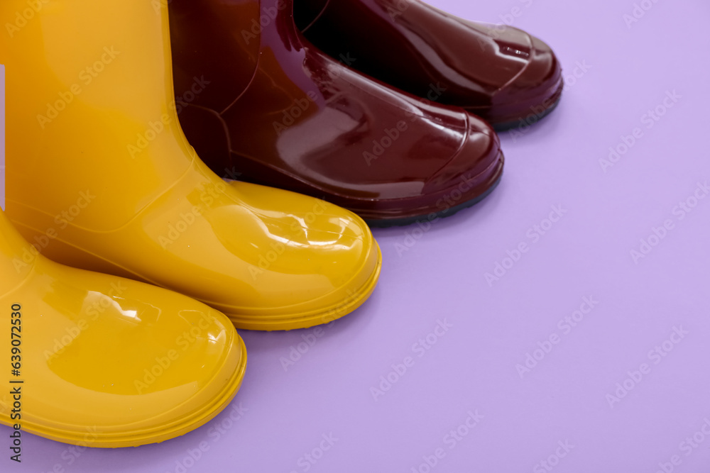 Different gumboots on lilac background