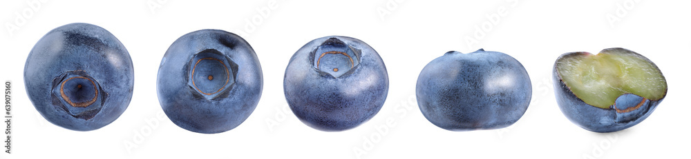 Set with cut and whole blueberries isolated on white