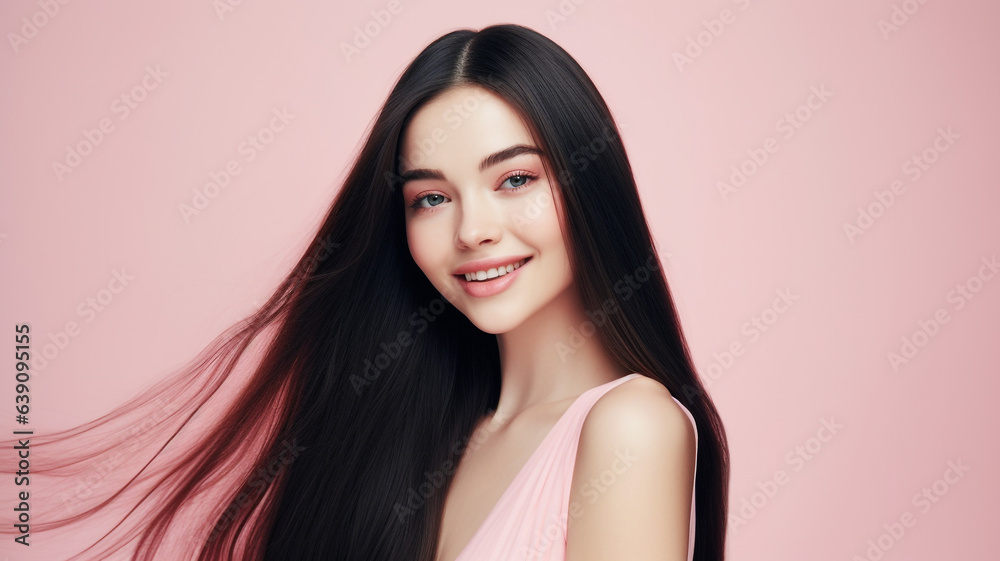 Haircare theme with woman with long black hair