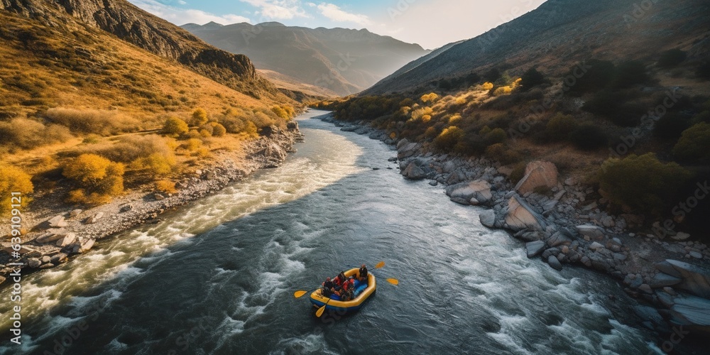 Aerial view of mountain river rafting