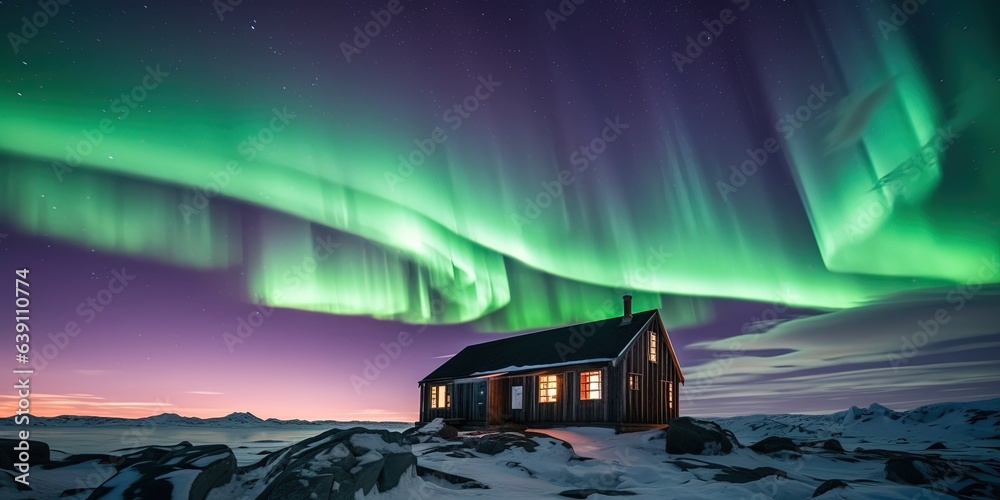 Auroras over Captain Scotts Terra Nova Hut at Cape Evans, Antarctica.