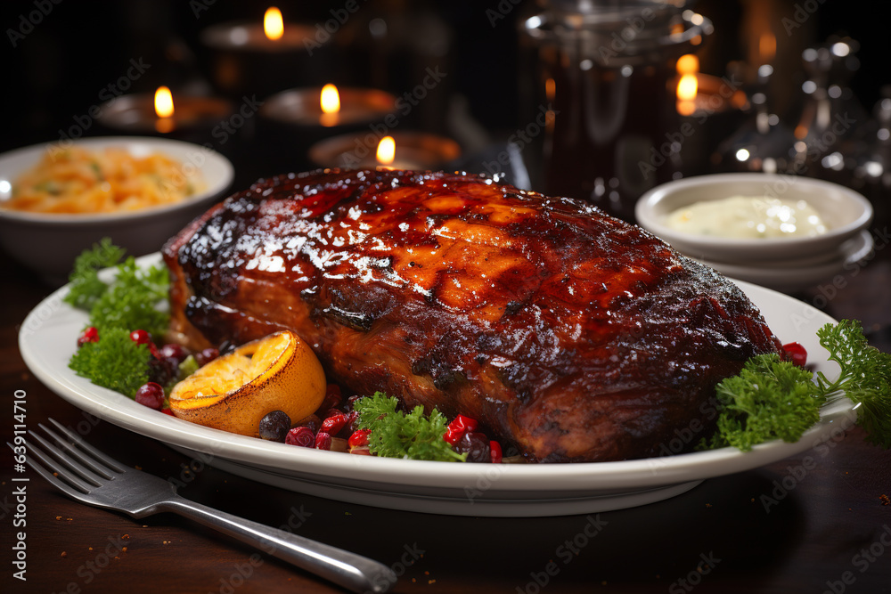 Baked duck with oranges and cranberries on a wooden table