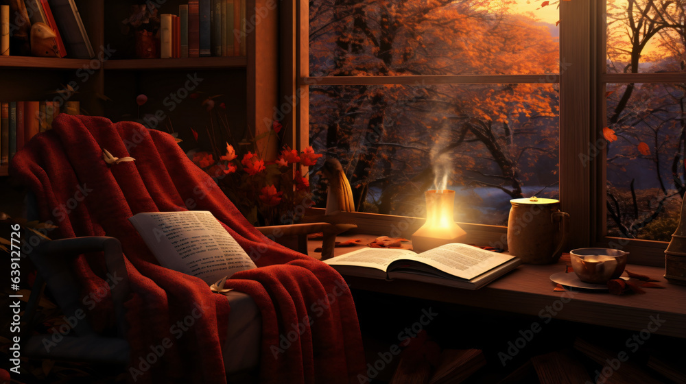 Autumn cozy mood. Fall cozy reading nook with a blanket