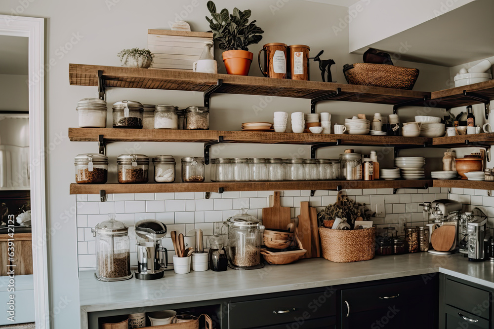 Aesthetic kitchen design with white interiors, wood accents and modern furnishings. Clean and organi