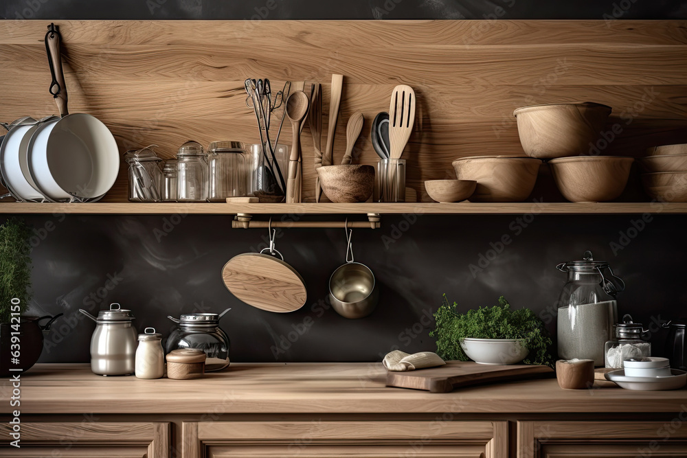 Rustic wooden kitchen with dishes neatly arranged on the shelves.