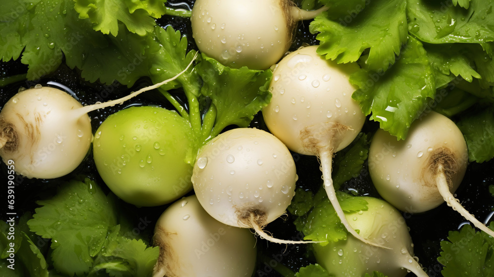 Fresh turnips with water drops background. Vegetables backdrop. Generative AI