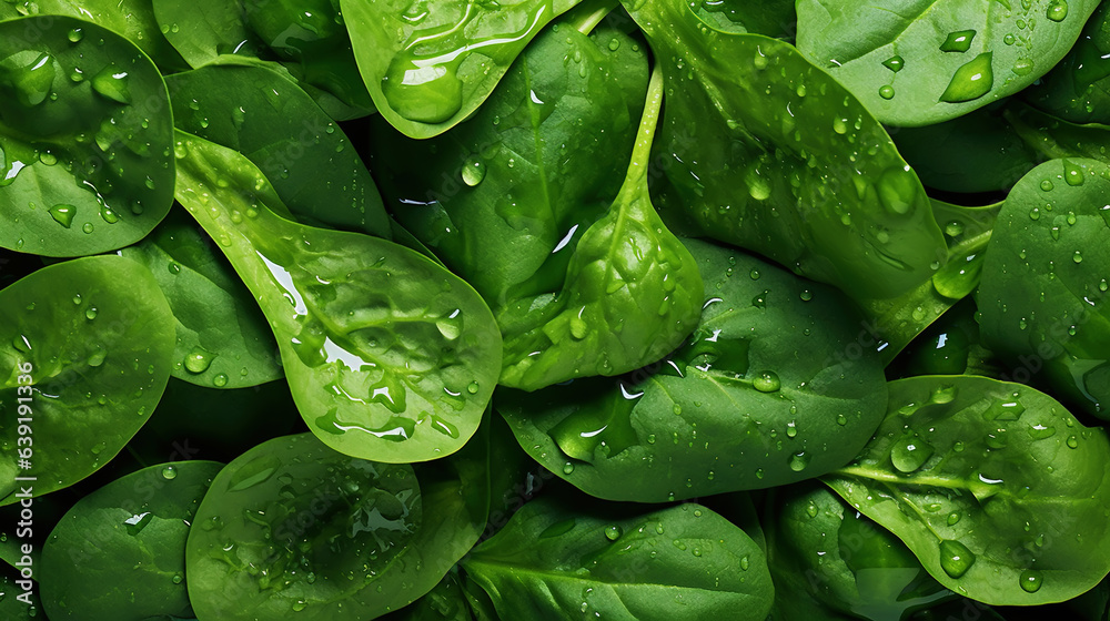 Fresh green spinach leaves with water drops background. Vegetables backdrop. Generative AI