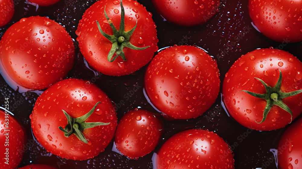 Fresh red tomatoes with water drops background. Vegetables backdrop. Generative AI