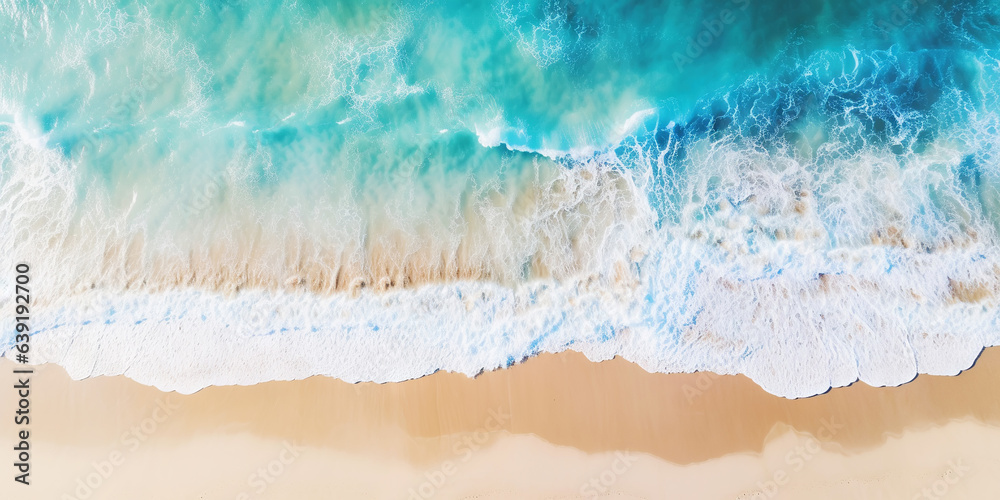 Top view oncoast with ocean waves. Blue water background. Summer seascape from air. Generative AI