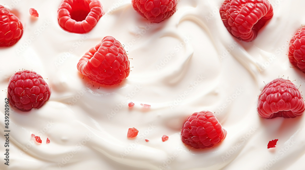 Yogurt and fresh raspberries, background. Top view. Generative AI