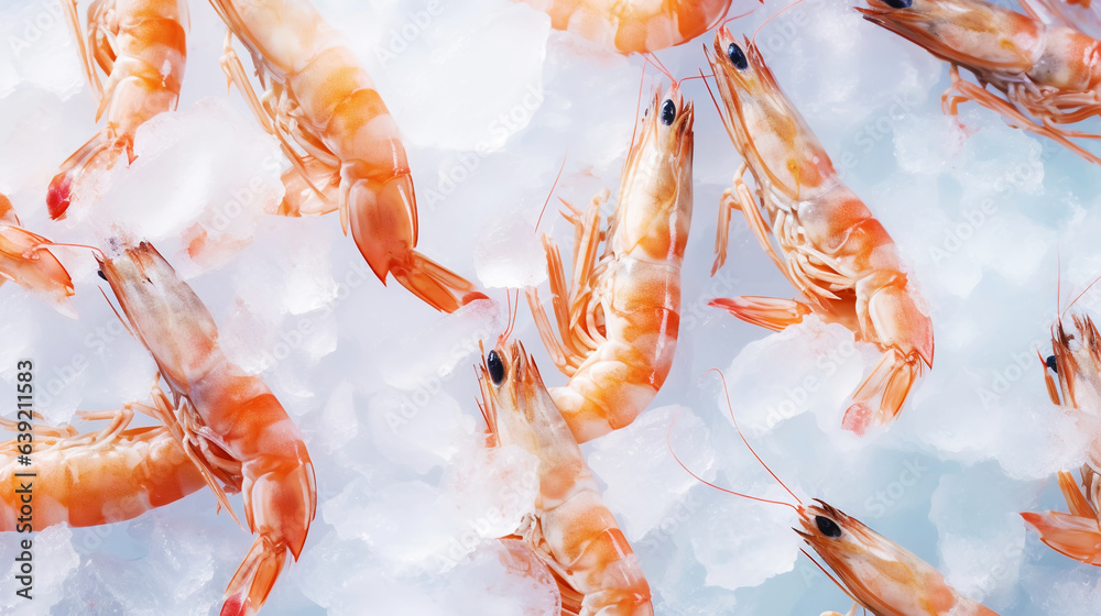 Top view of raw whole shrimps on ice. Seafood background. Generative AI