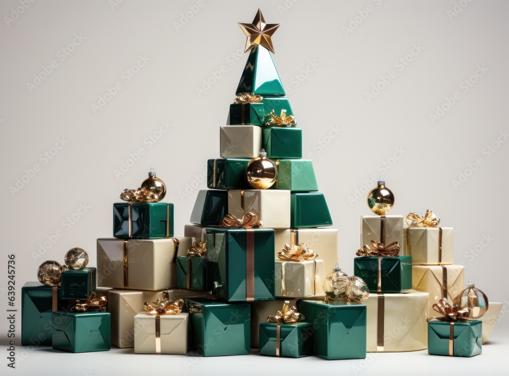 Christmas tree from green and gold gift boxes