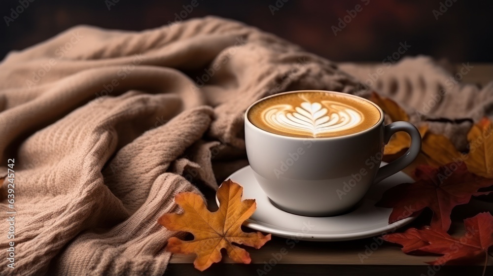 Autumn beige cozy background with cup of coffee