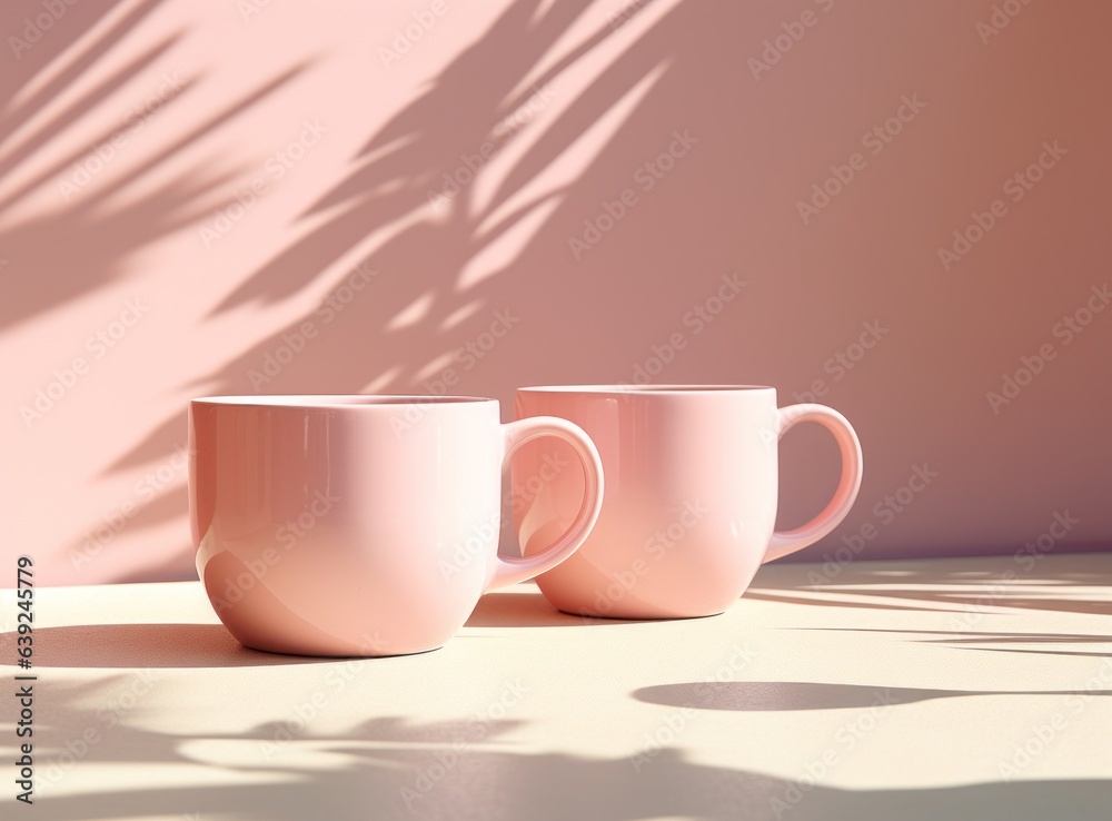 Pink pastel background with coffee cups