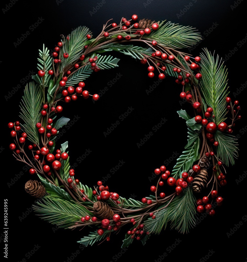 Holiday pine wreath on dark background