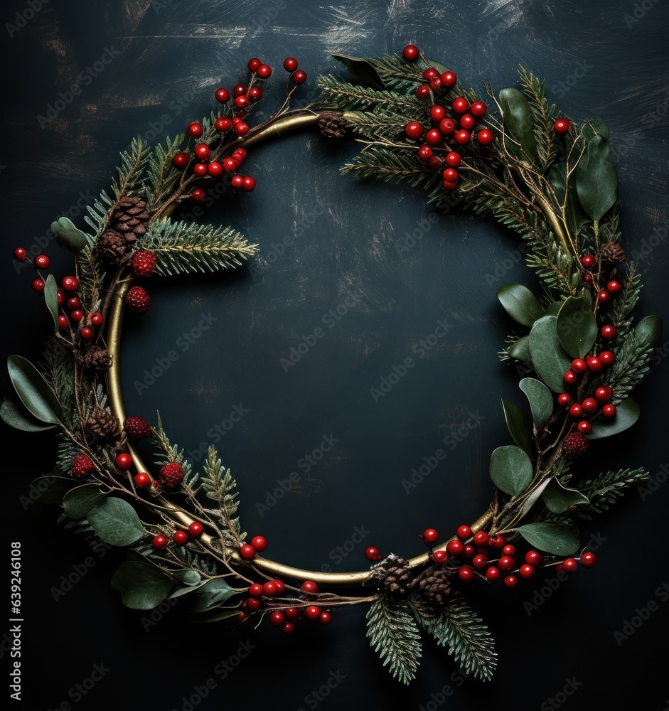 Holiday pine wreath on dark background