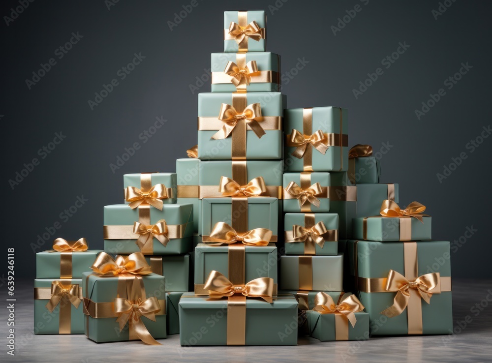 Christmas tree from green and gold gift boxes