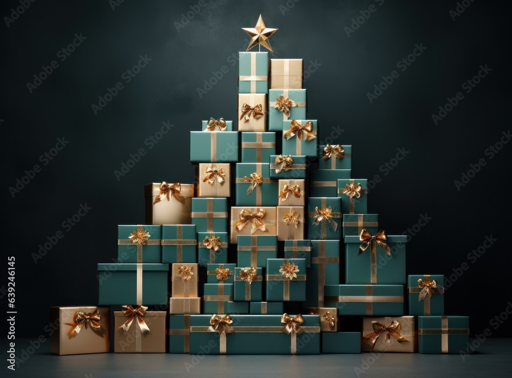 Christmas tree from green and gold gift boxes