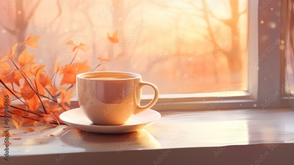 A warm cup of coffee is sitting on the window sill, in the style of warm color palette