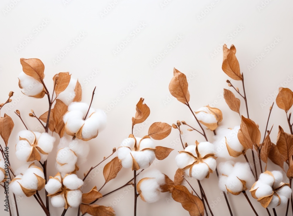 Cotton and leaves on white background flat lay style