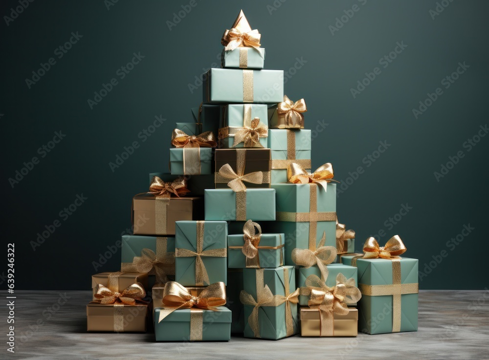 Christmas tree from green and gold gift boxes