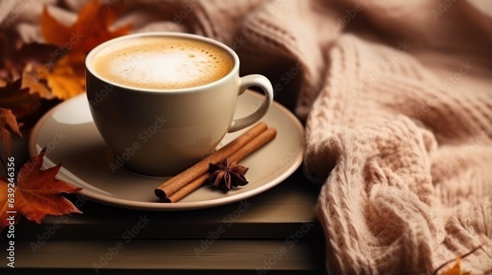 Autumn beige cozy background with cup of coffee