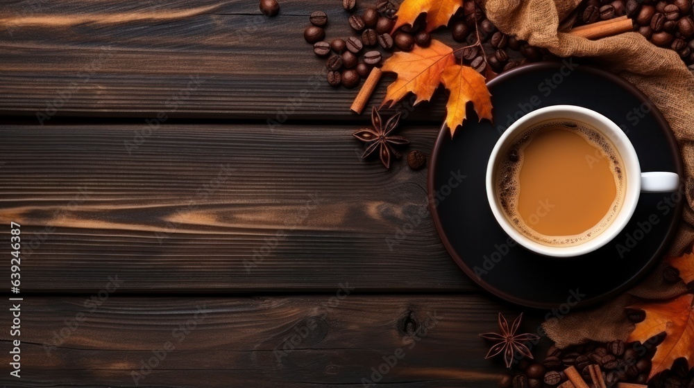 Autumn beige cozy background with cup of coffee