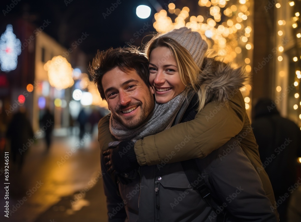 Happy couple on Christmas street