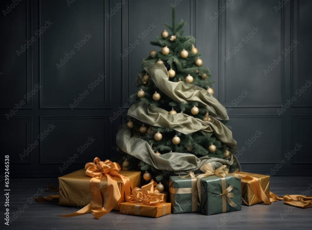 Christmas tree from green and gold gift boxes