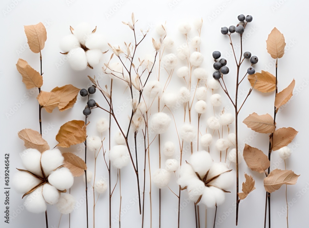 Cotton and leaves on white background flat lay style