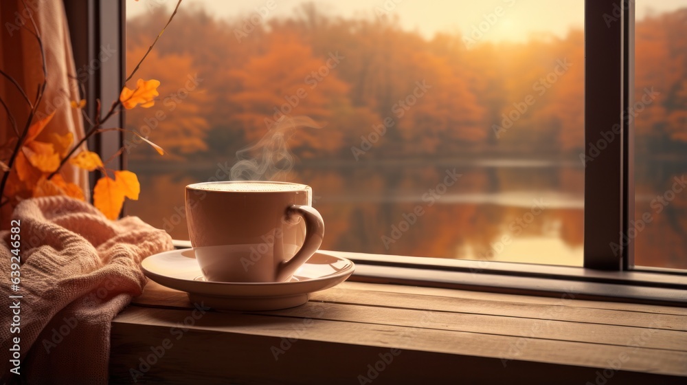 Autumn beige cozy background with cup of coffee